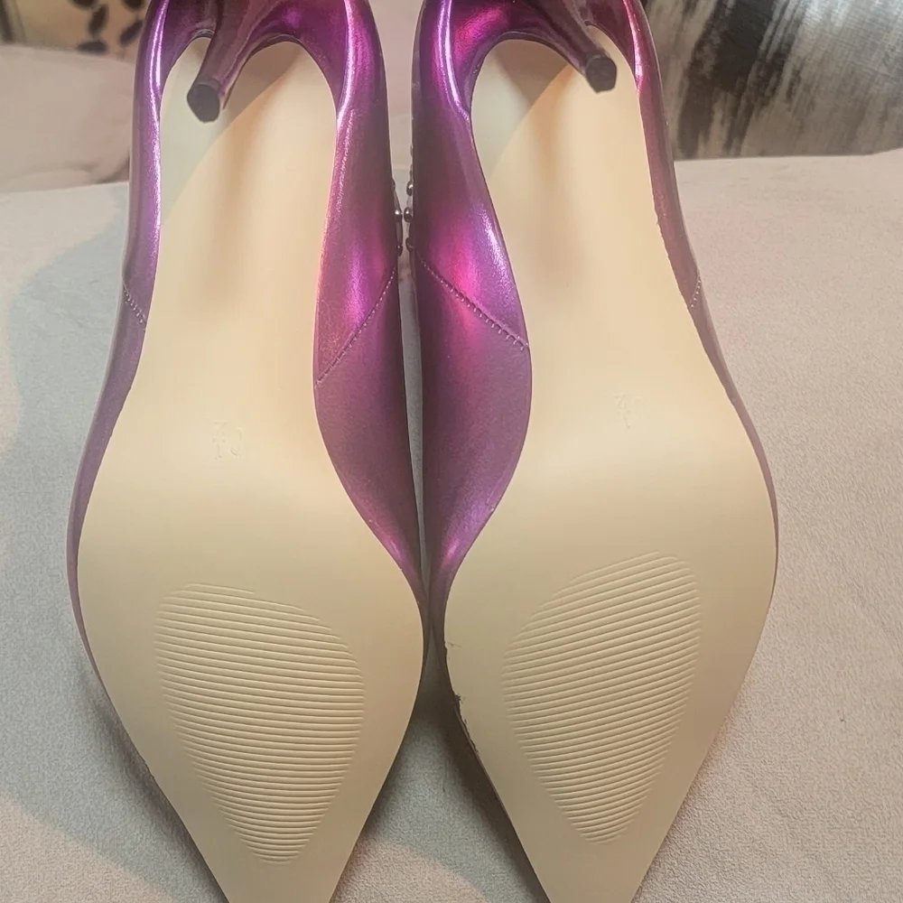 FSJ Classic Pointed Toe Stiletto High Heel Studded Ankle Boots Glossy Pull-On